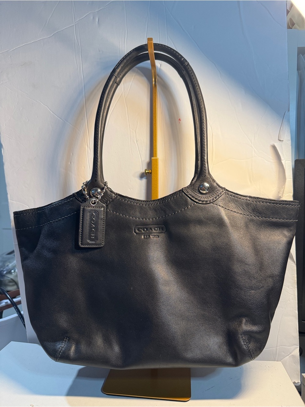 Coach Black Leather Tote with Top Handles Bleecker legacy stripe tote 14383